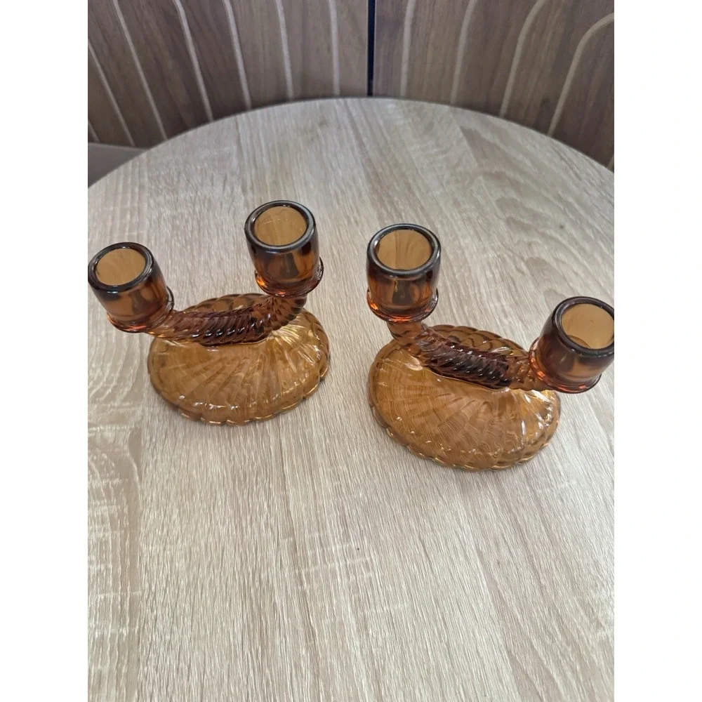 30's IMPERIAL Depression Glass Dual Swirl Candle Stick Holders Newbound Amber